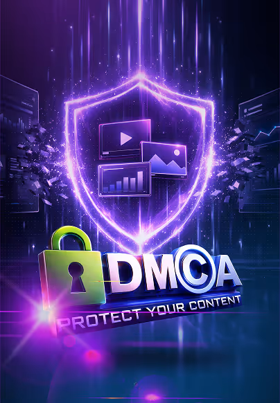 Glowing shield with media icons and lock symbol next to 'DMCA Protect Your Content' text on dark background.