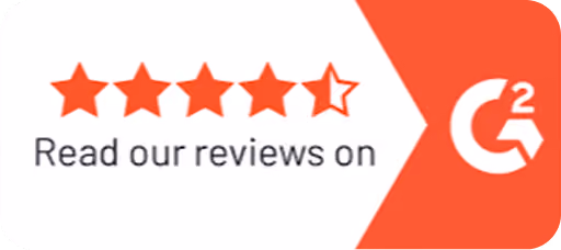 Four and a half orange stars followed by text reading 'Read our reviews on' and the G2 logo on orange background.