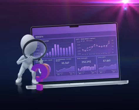 3D figure holding magnifying glass near a purple question mark in front of laptop showing charts and data.