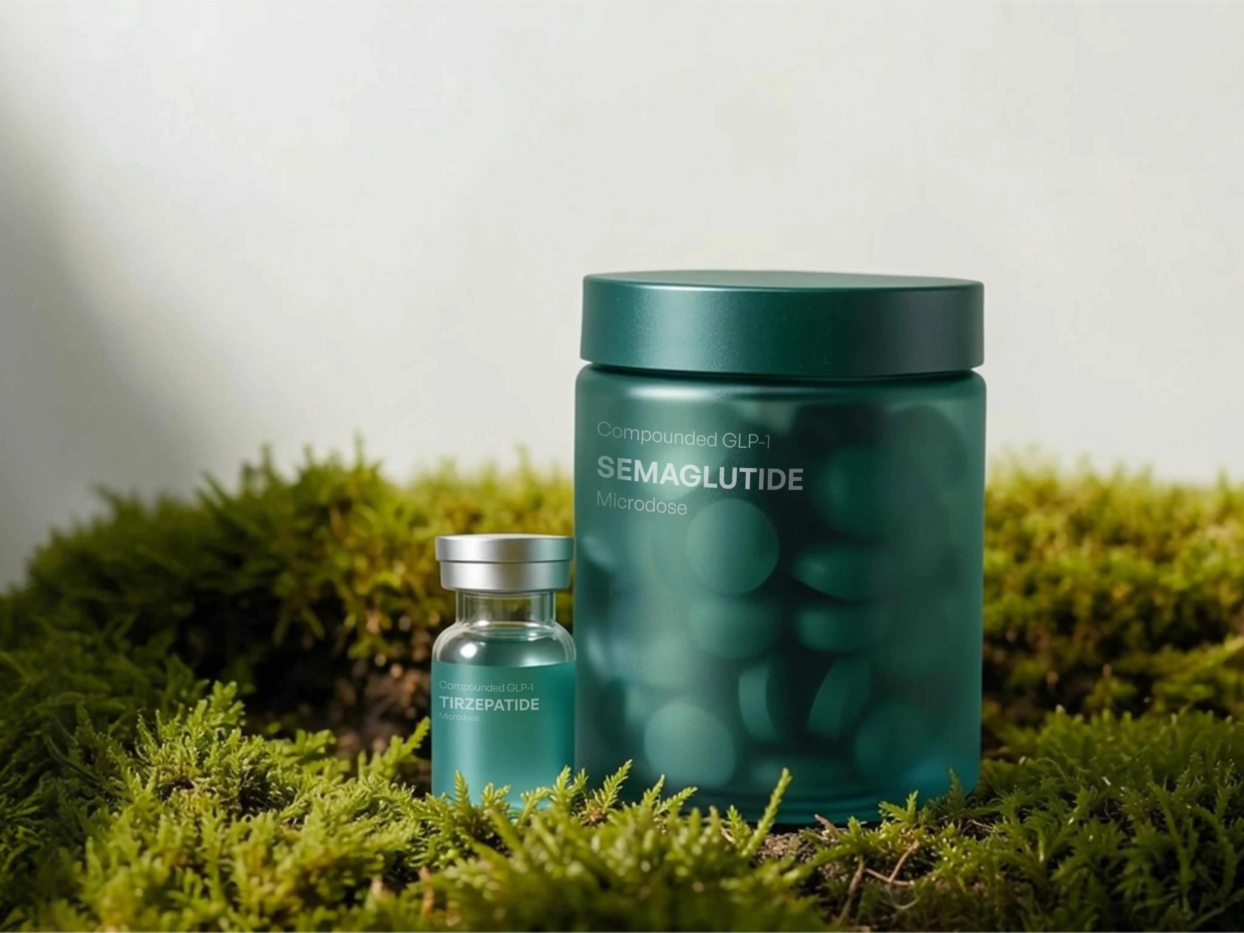 Compounded GLP-1 Microdose tirzepatide vial and semaglutide capsule jar on moss