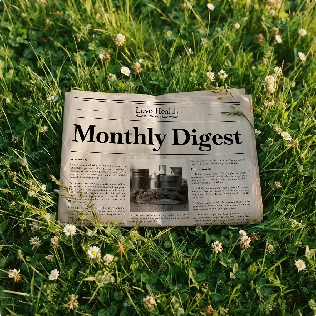 Luvo Health Monthly Digest newspaper in a field of wildflowers