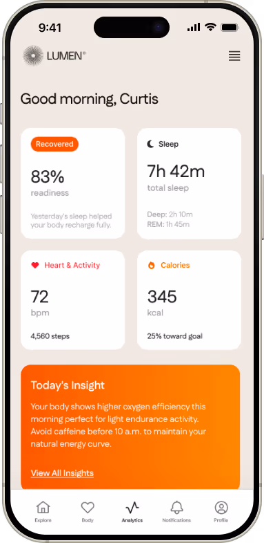 Mobile phone showing an app onscreen with a personalized morning report for the user, including sleep, calories burned, and more
