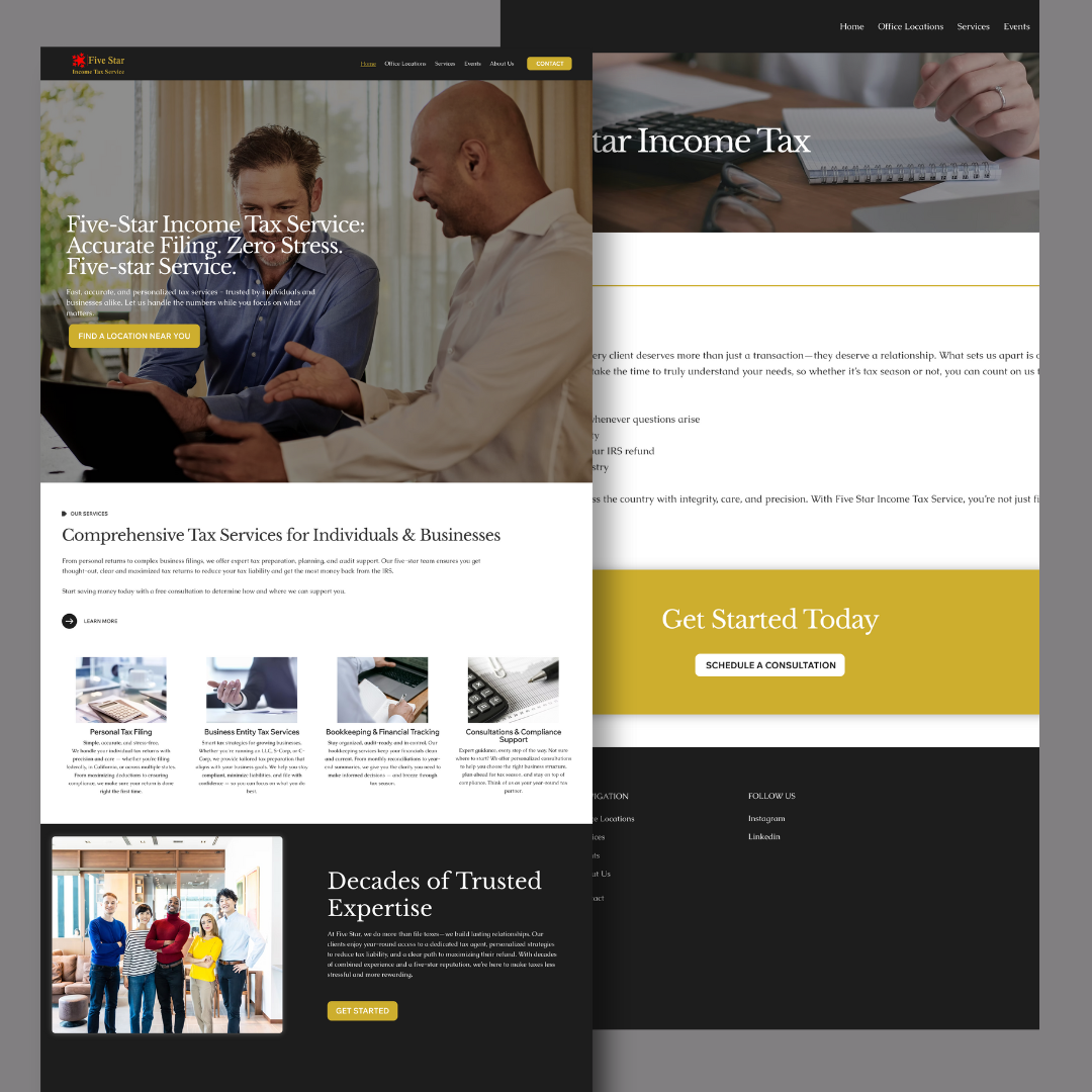 Five star income tax service website screenshots