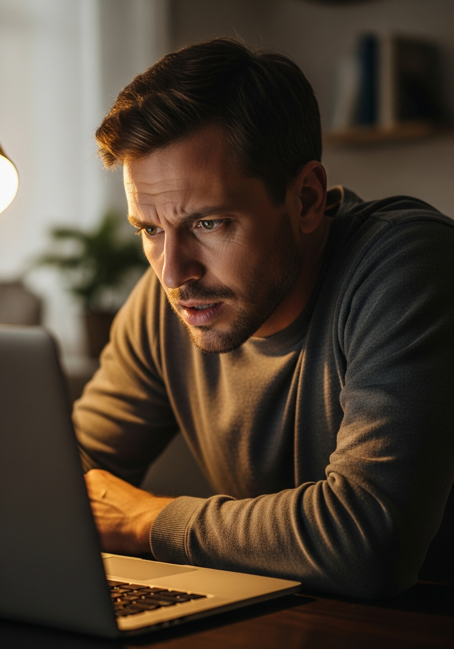 Small business owner looking confused at a website on his laptop screen.