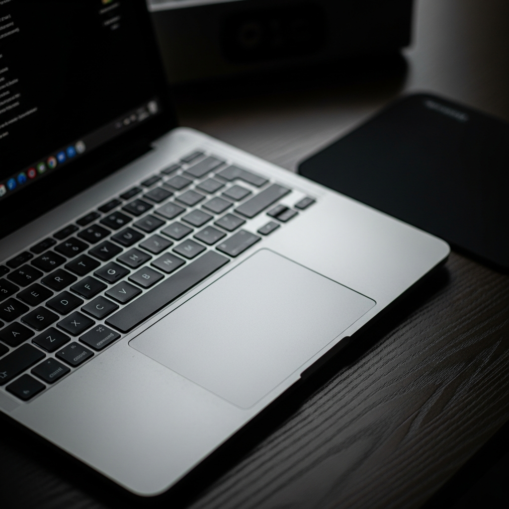Close-up of a laptop on a dark desk, browser window barely visible.