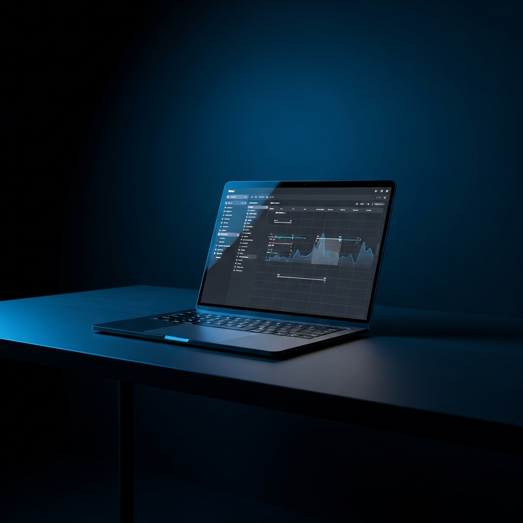 Laptop on a dark desk showing a flat website analytics dashboard with no leads.
