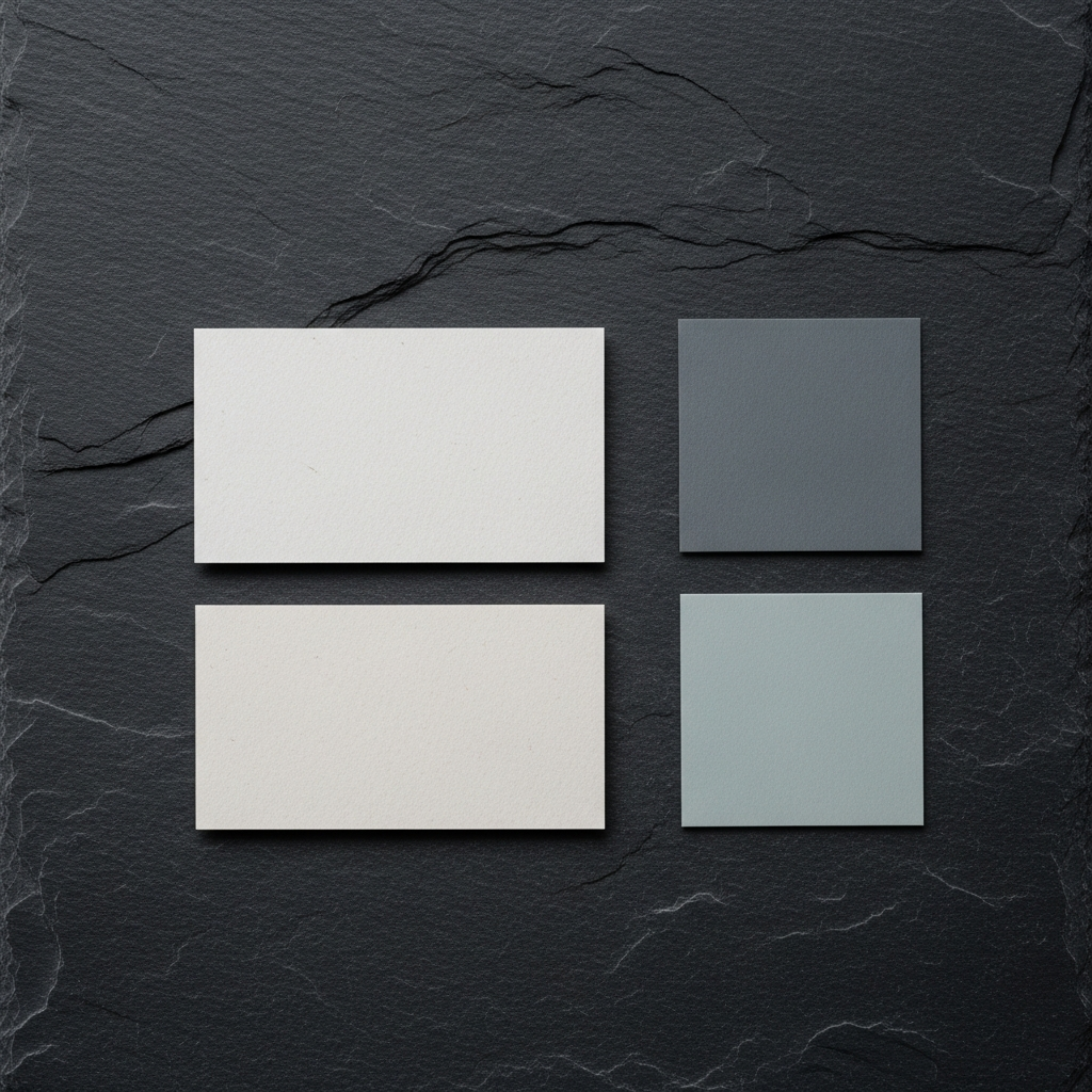Business card and color swatches on a dark surface representing professional brand identity materials.