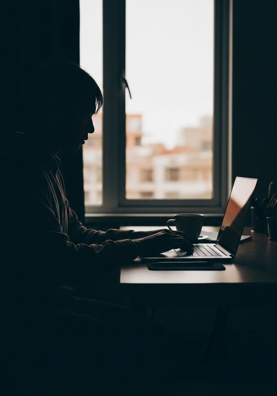 Silhouette of a person typing on a laptop with dramatic lighting, representing posting a bold, opinionated statement online.