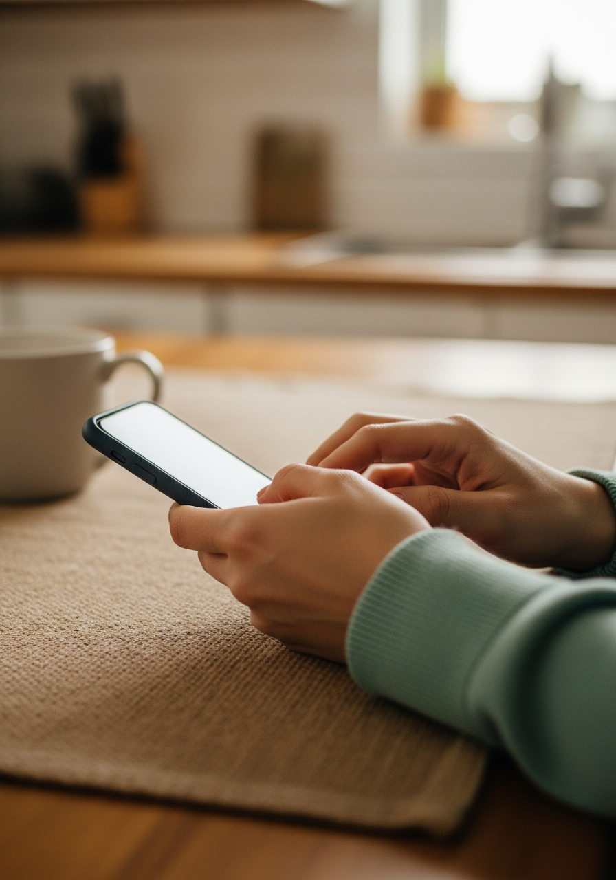 Close-up of hands typing a note on a smartphone, representing turning a client question into a social media post.
