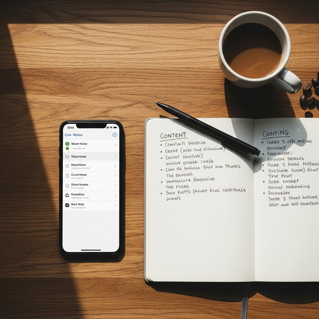 Overhead flat-lay of a smartphone and notebook on a desk, representing planning social media content for a small business.