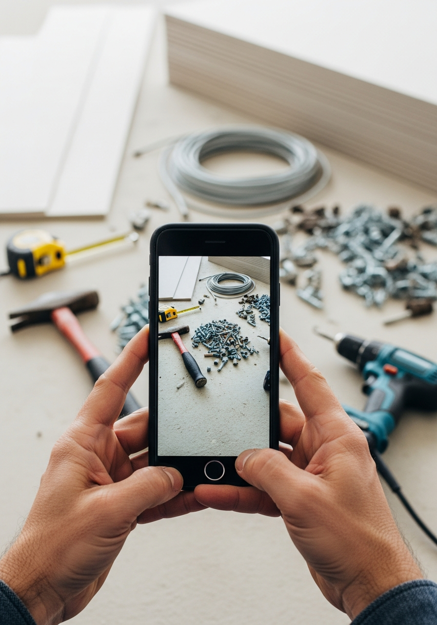 Hands holding a smartphone photographing tools at a job site, representing behind-the-scenes process content for social media.