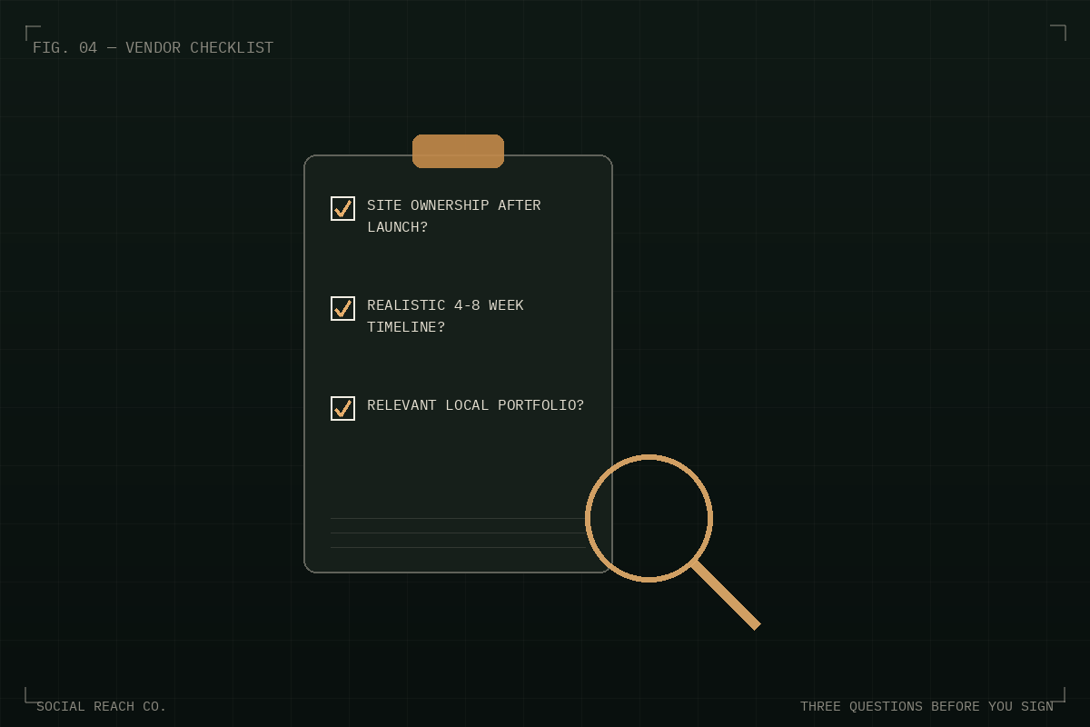 Illustration of a clipboard checklist with three checked questions to ask before hiring a web designer