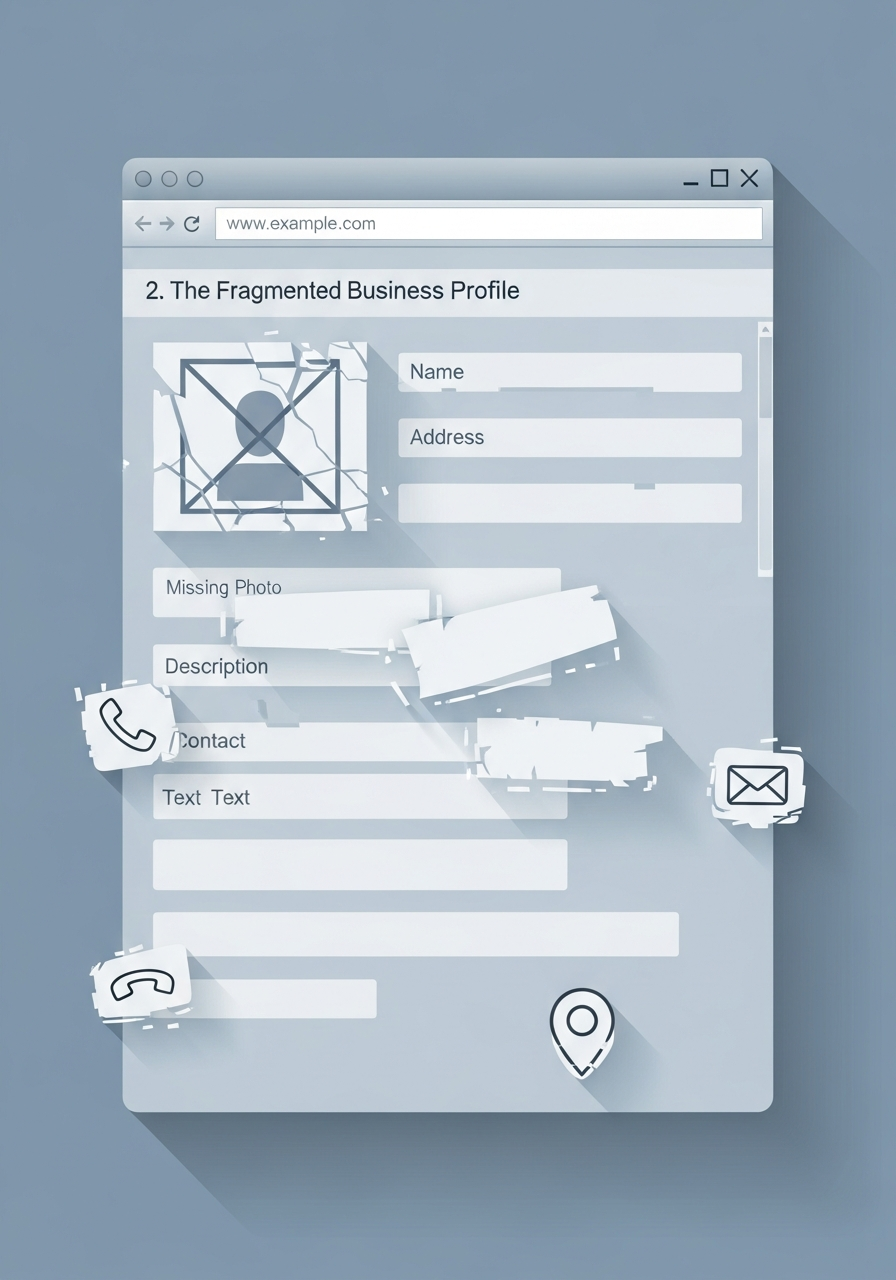 Illustration of an incomplete business website profile being passed over by an AI scanning icon