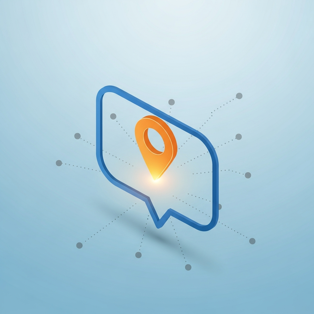Illustration of a glowing location pin inside a chat bubble connected by network lines, representing a business being surfaced in AI search