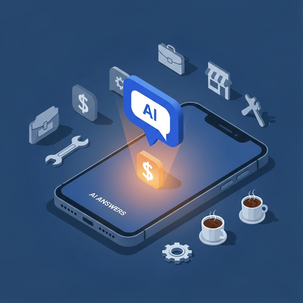Illustration of a smartphone showing a glowing AI chat answer with one business icon highlighted among several dim icons, representing AI search visibility