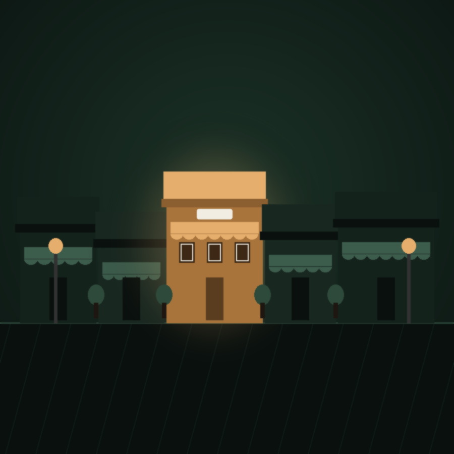 Illustration of a row of storefronts near Pearland Town Center, one lit and highlighted in amber, representing a business standing out from competitors