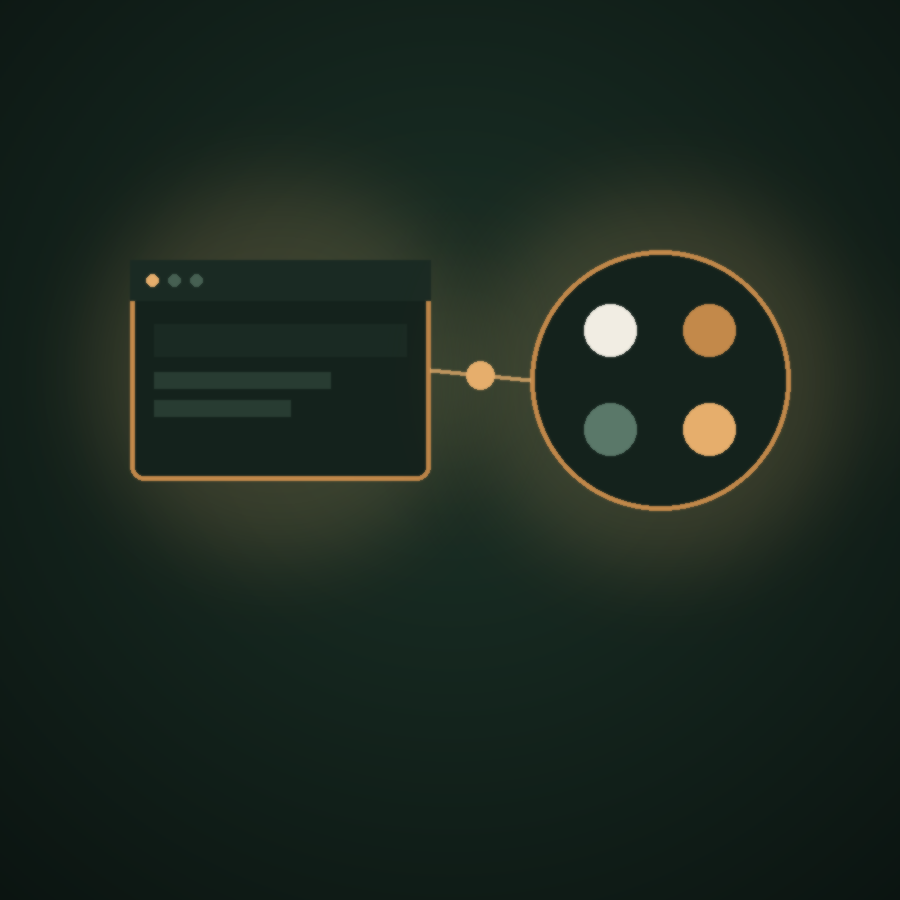 Diagram of a browser window icon connected to a brand color palette icon, representing website design paired with branding