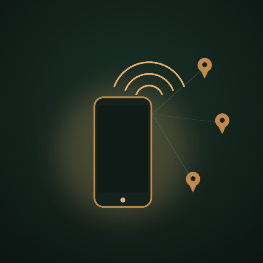Illustration of a hand holding a phone with radiating signal arcs reaching labeled map pins across Pearland