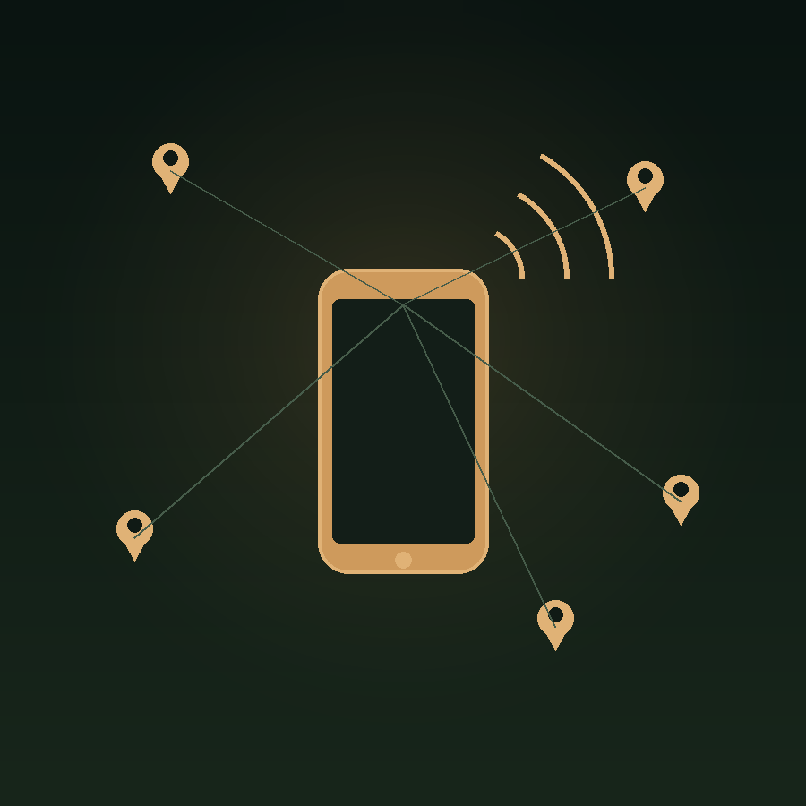 Illustration of a phone with radiating signal arcs connected to scattered map pins across Tomball, representing mobile and local search reach
