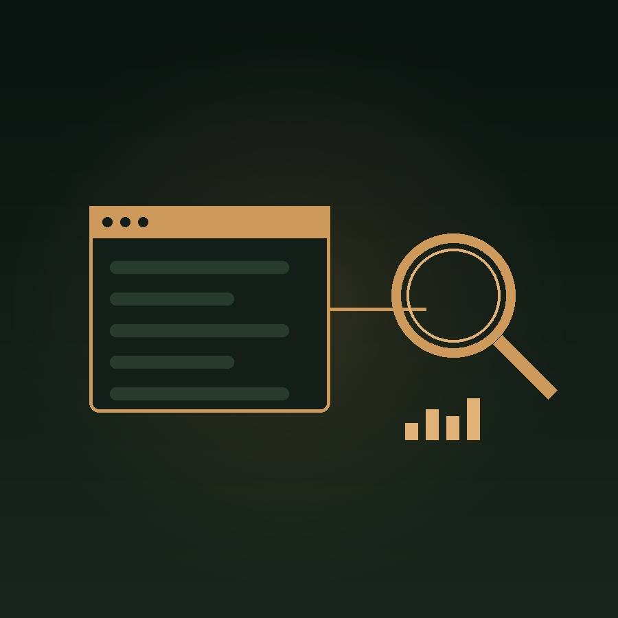 Diagram of a browser window icon connected by a line to a magnifying glass with ascending bar chart ticks, representing web design paired with SEO