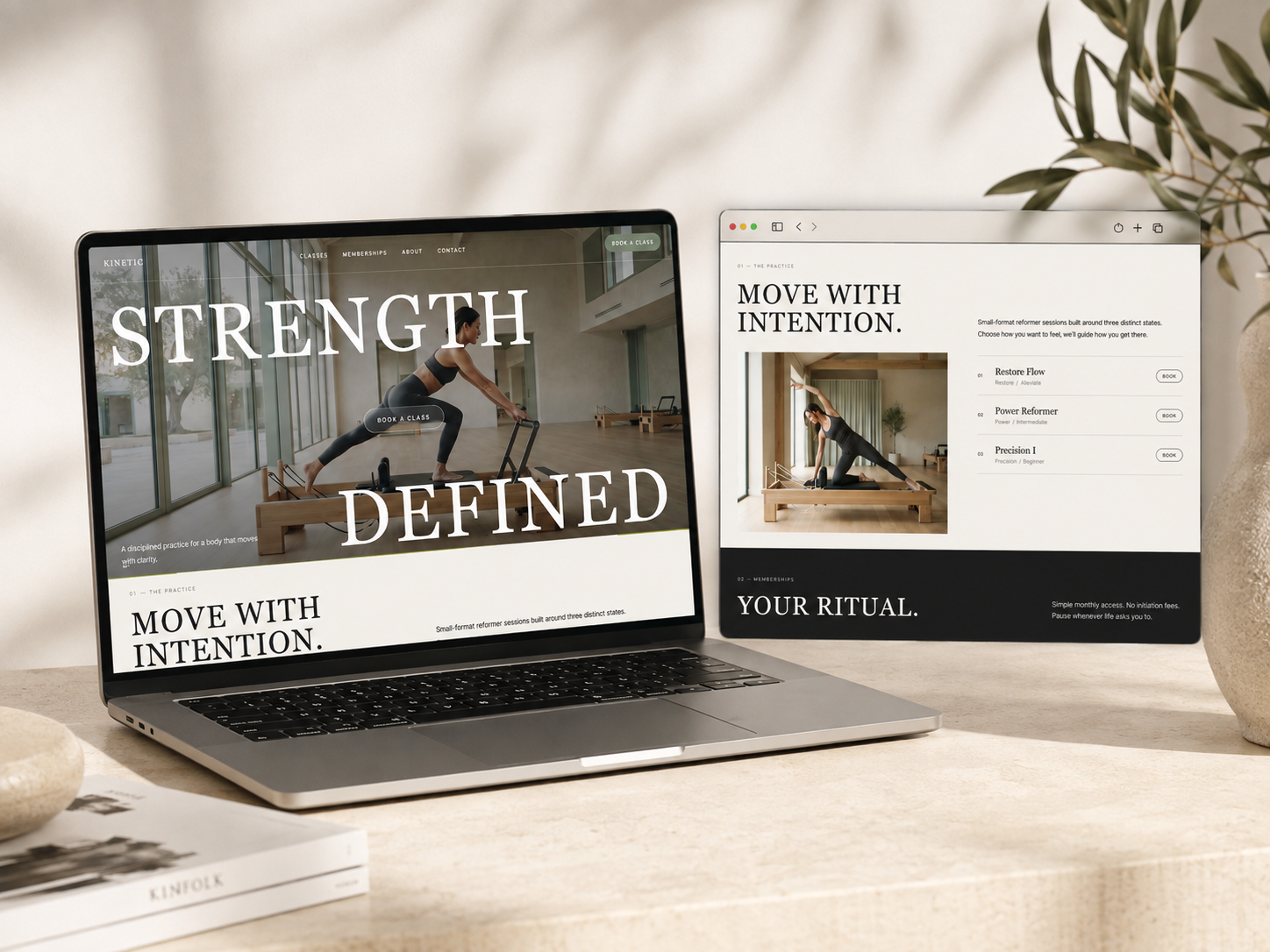 pilates studio website design on laptop in a white studio