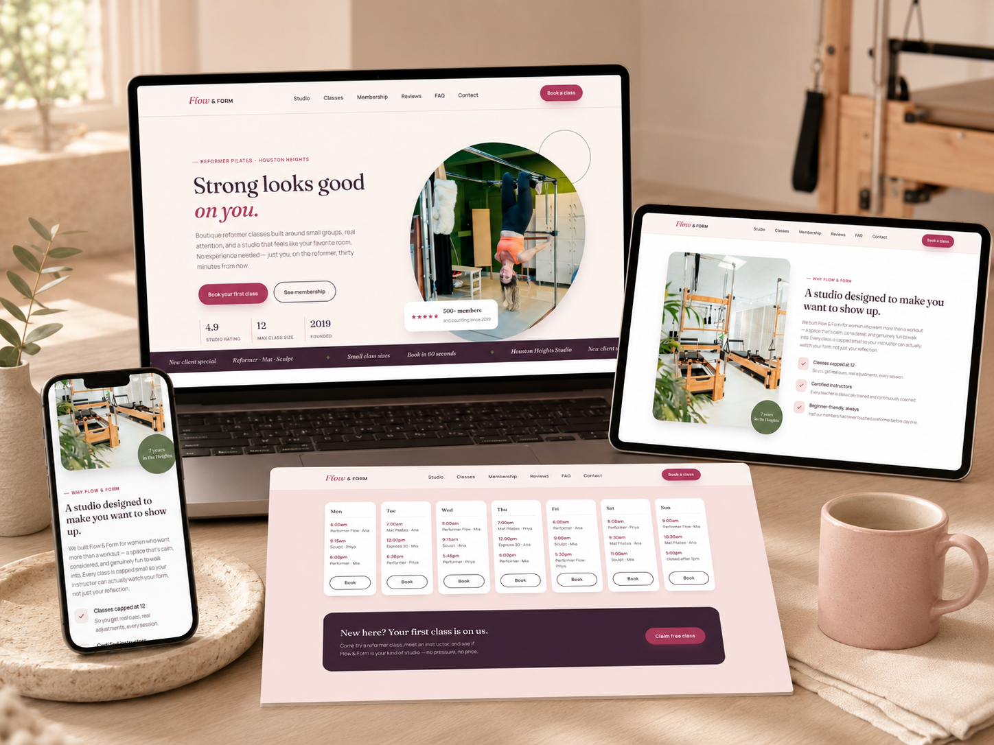pilates studio website design on laptop, tablet and iphone in a studio on a desk