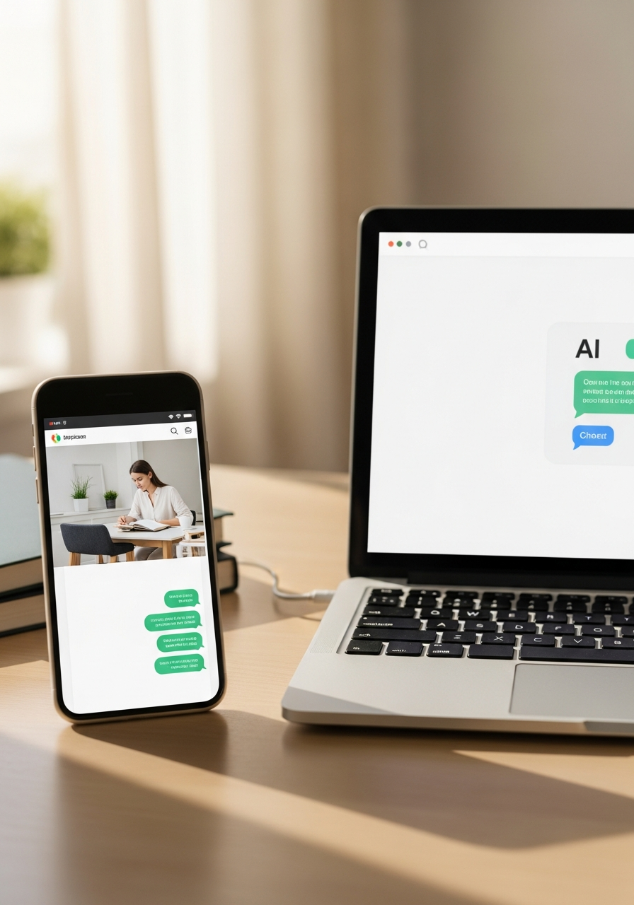 Smartphone and laptop side by side showing a website and an AI chat interface