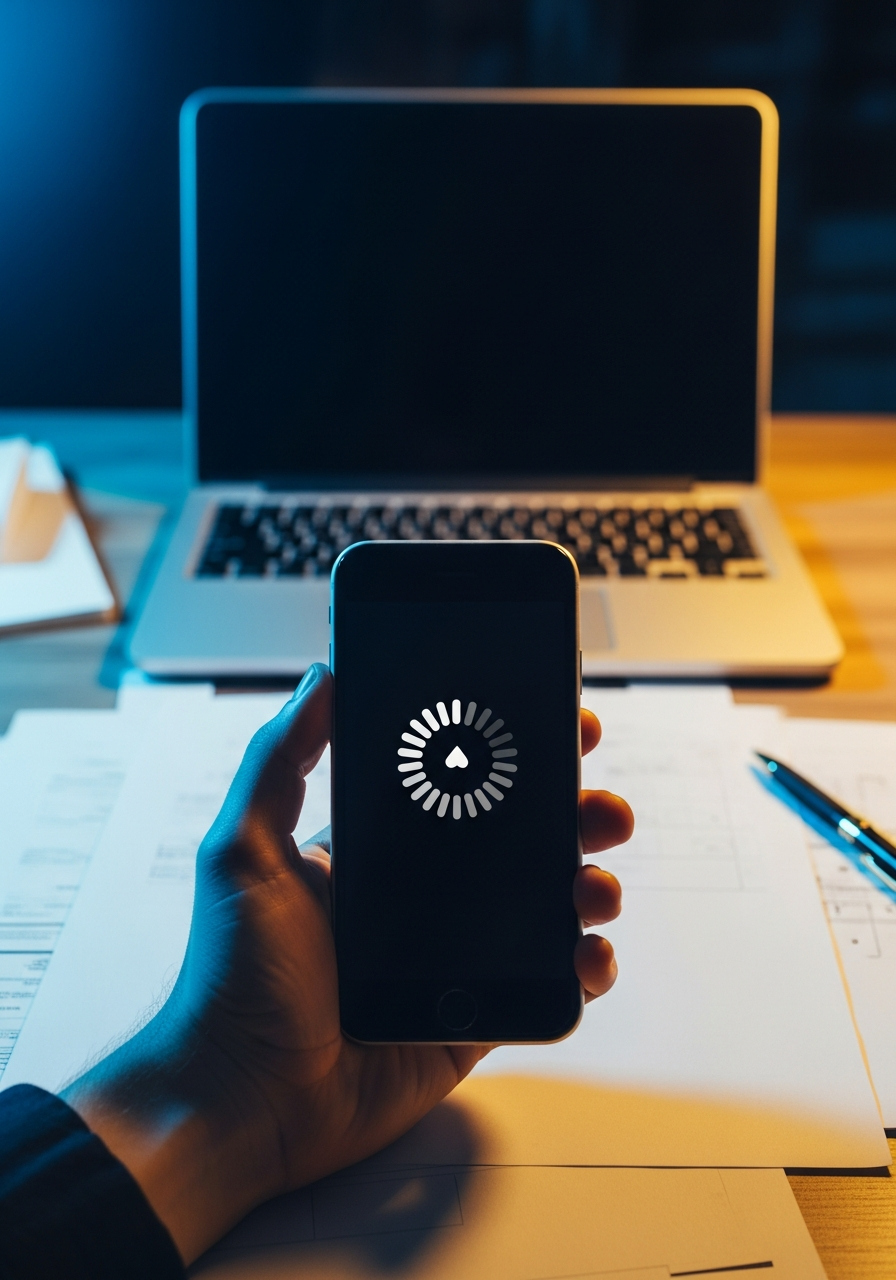 Smartphone showing a website loading spinner in a busy workspace