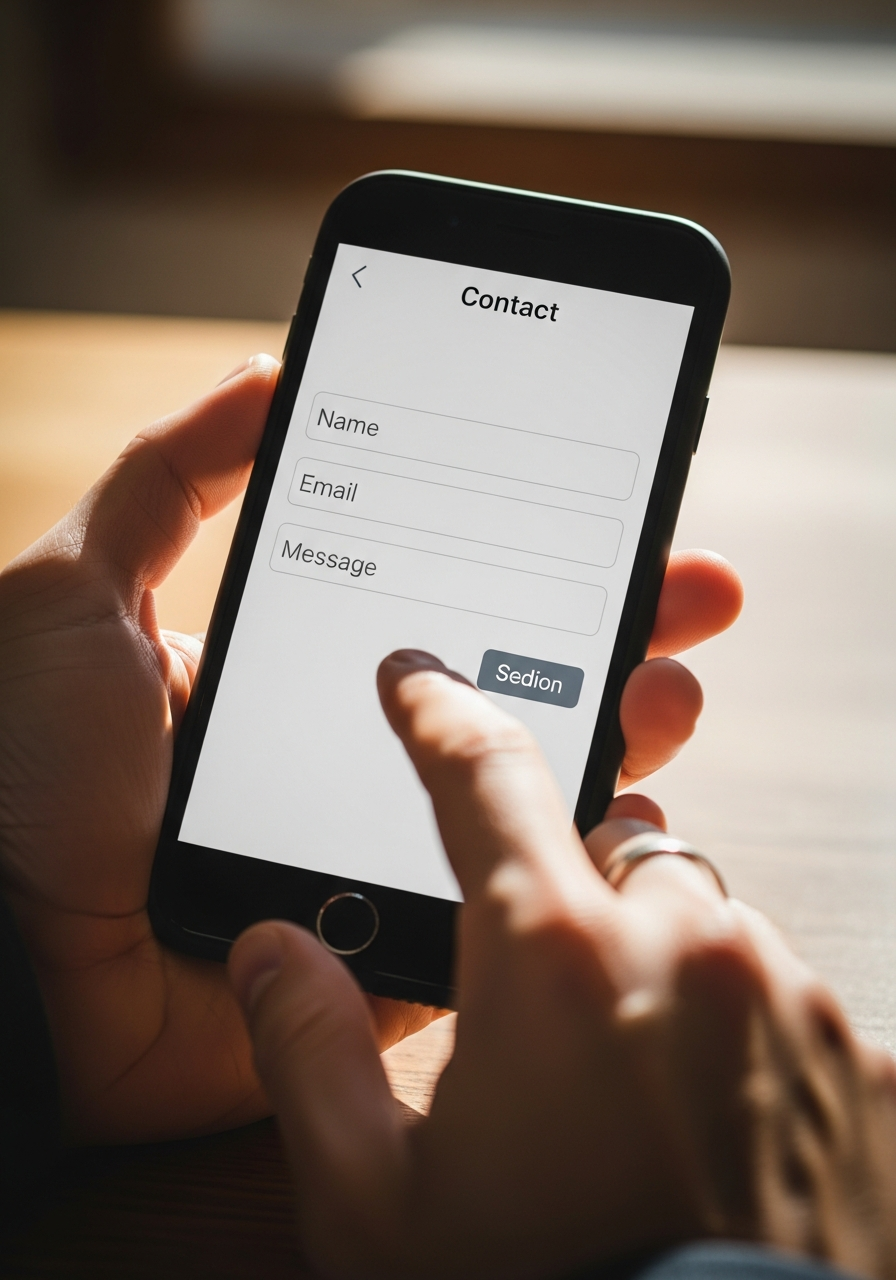 Hand filling out a simple mobile contact form on a smartphone