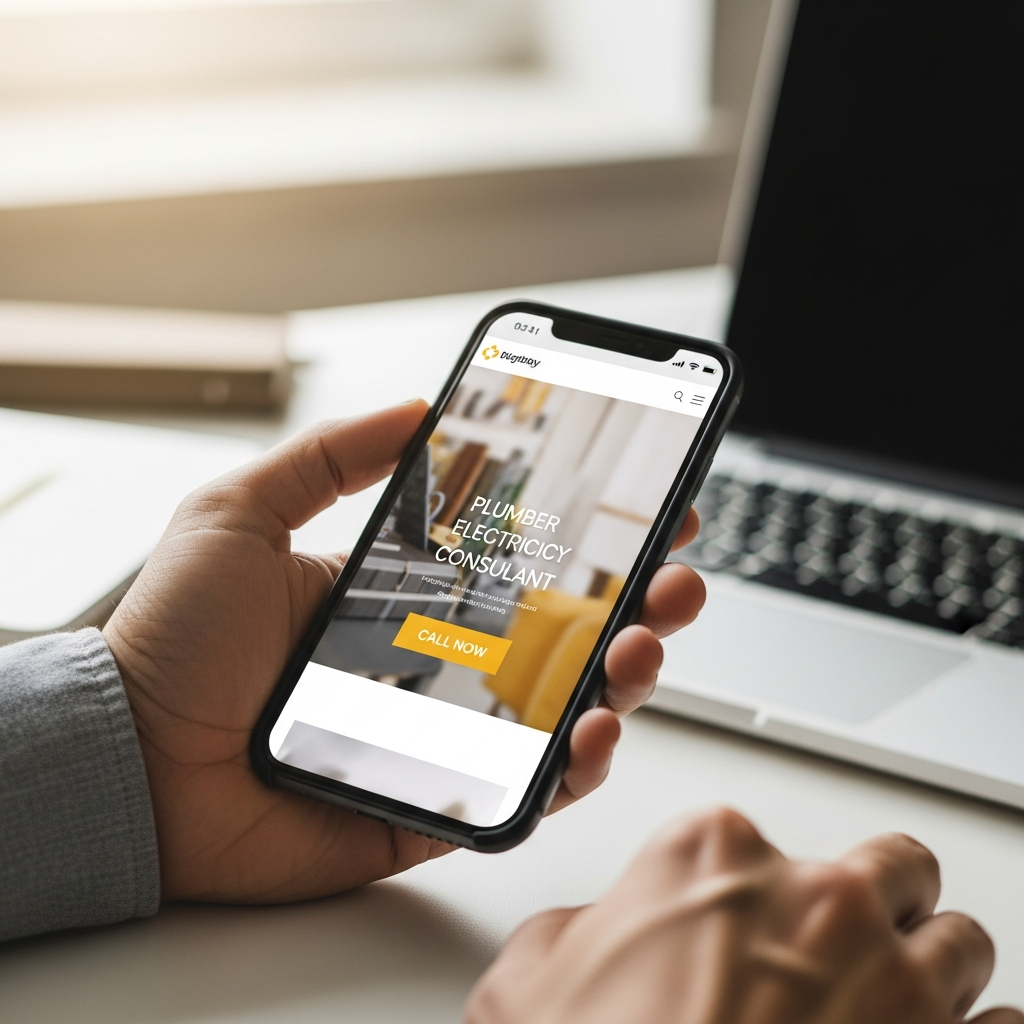 Hand holding a smartphone showing a mobile-optimized service business website with a clear call button