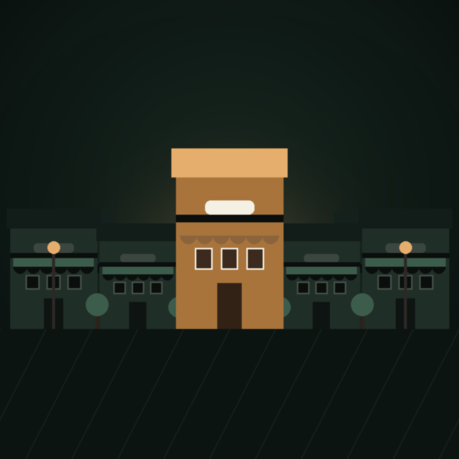 Illustration of a brightly lit modern storefront among dimly lit older storefronts, representing web design for Katy small businesses