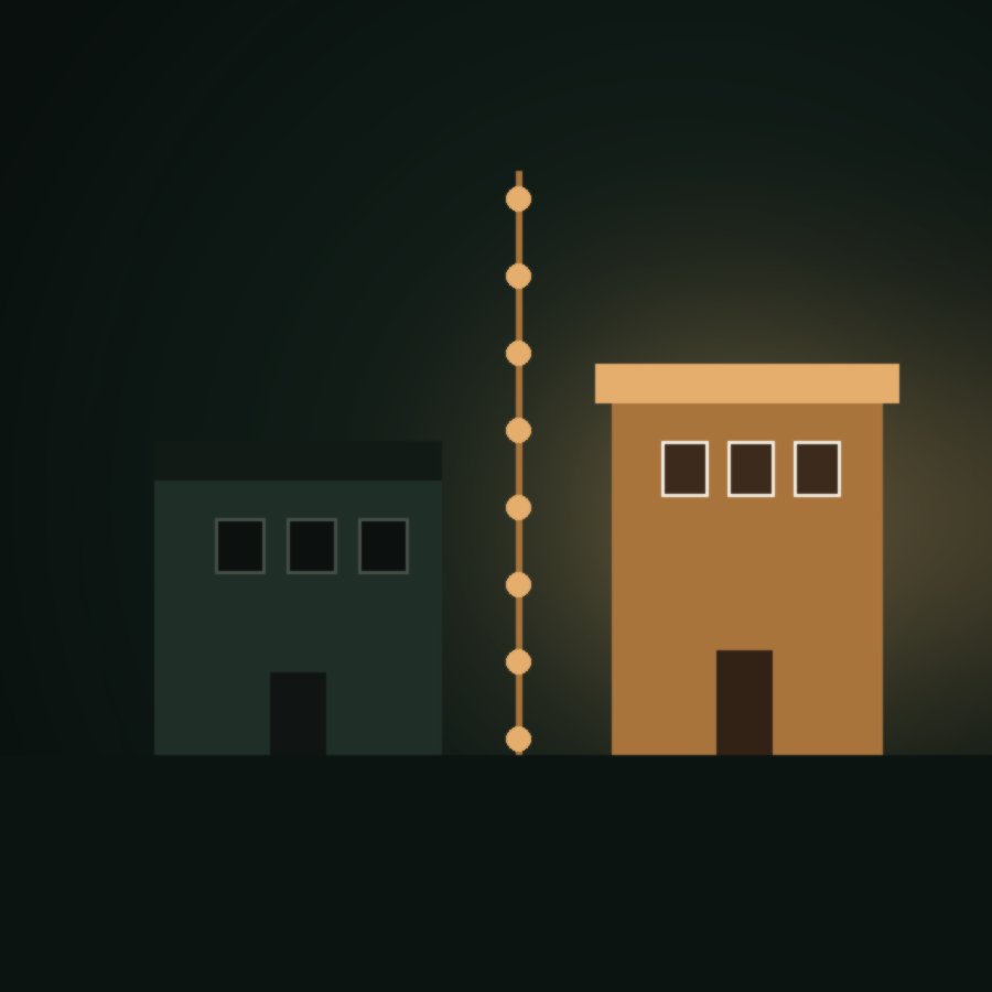 Illustration comparing an outdated dim building to a modern amber-lit building