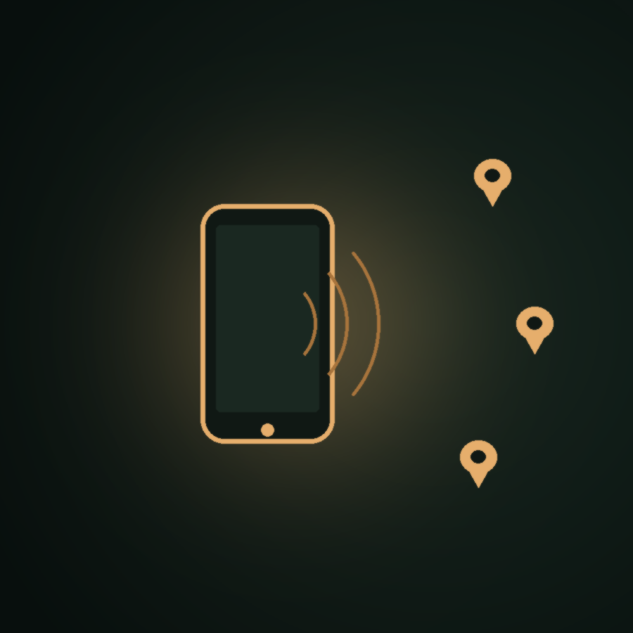 Illustration of a phone with signal arcs reaching local map pins