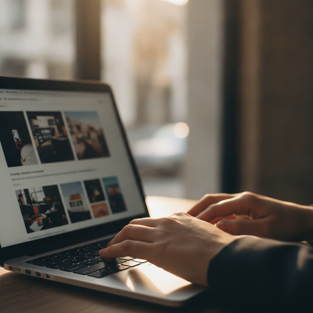 Close-up of hands scrolling a web design agency's portfolio on a laptop