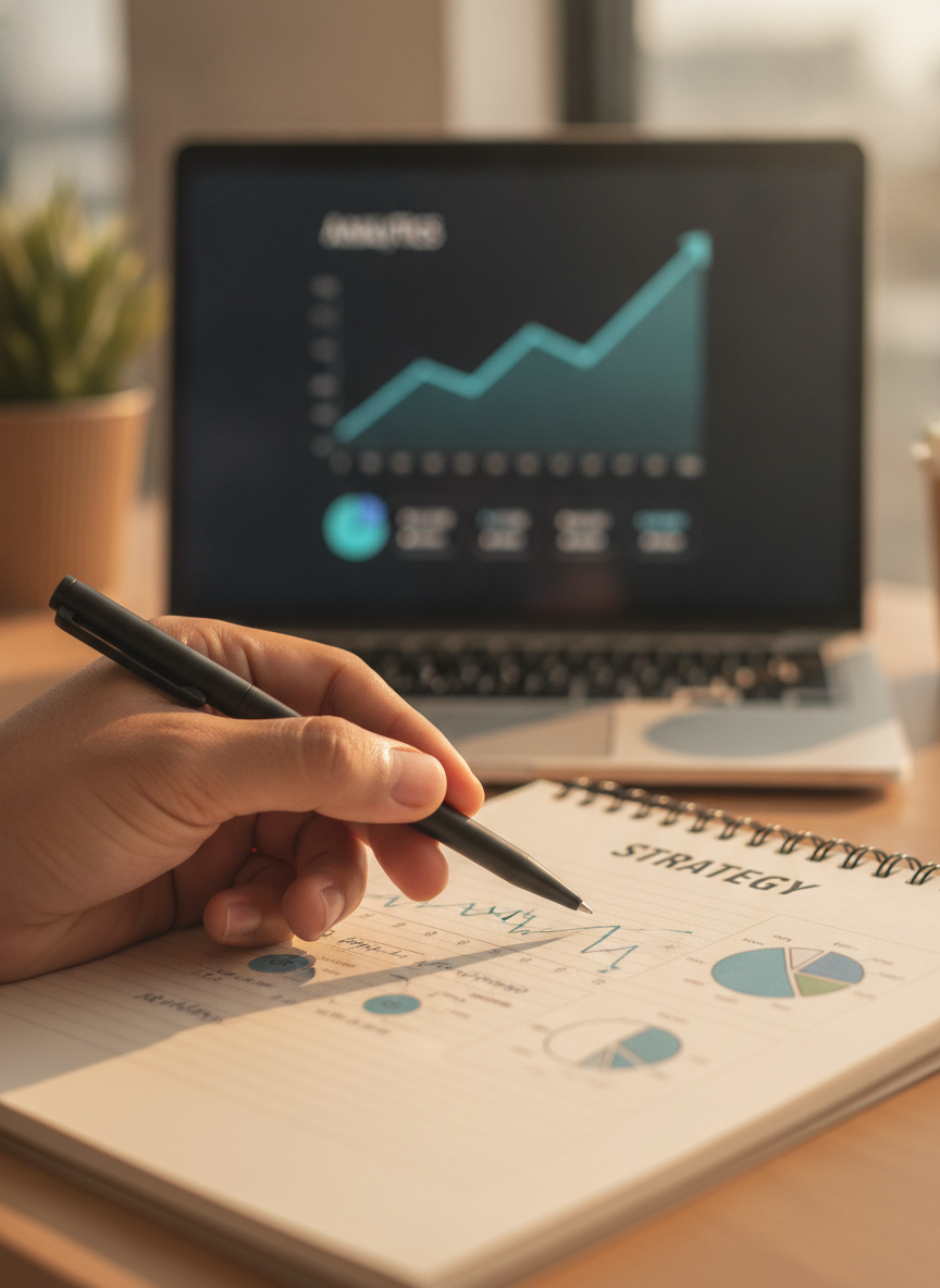 Business owner reviewing a notepad in front of a blurred analytics dashboard showing rising traffic