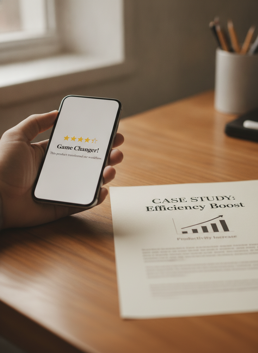 Smartphone showing a five-star testimonial next to a printed case study with a chart