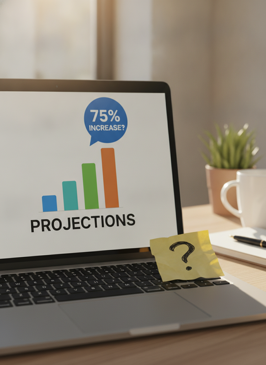 Laptop screen showing a percentage growth chart next to a question mark sticky note