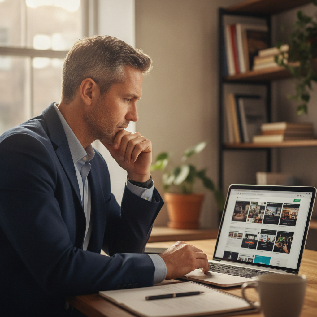Business owner skeptically reviewing a web design agency's portfolio on a laptop