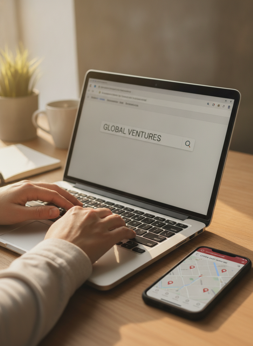 Person searching for a business name online to verify a case study client