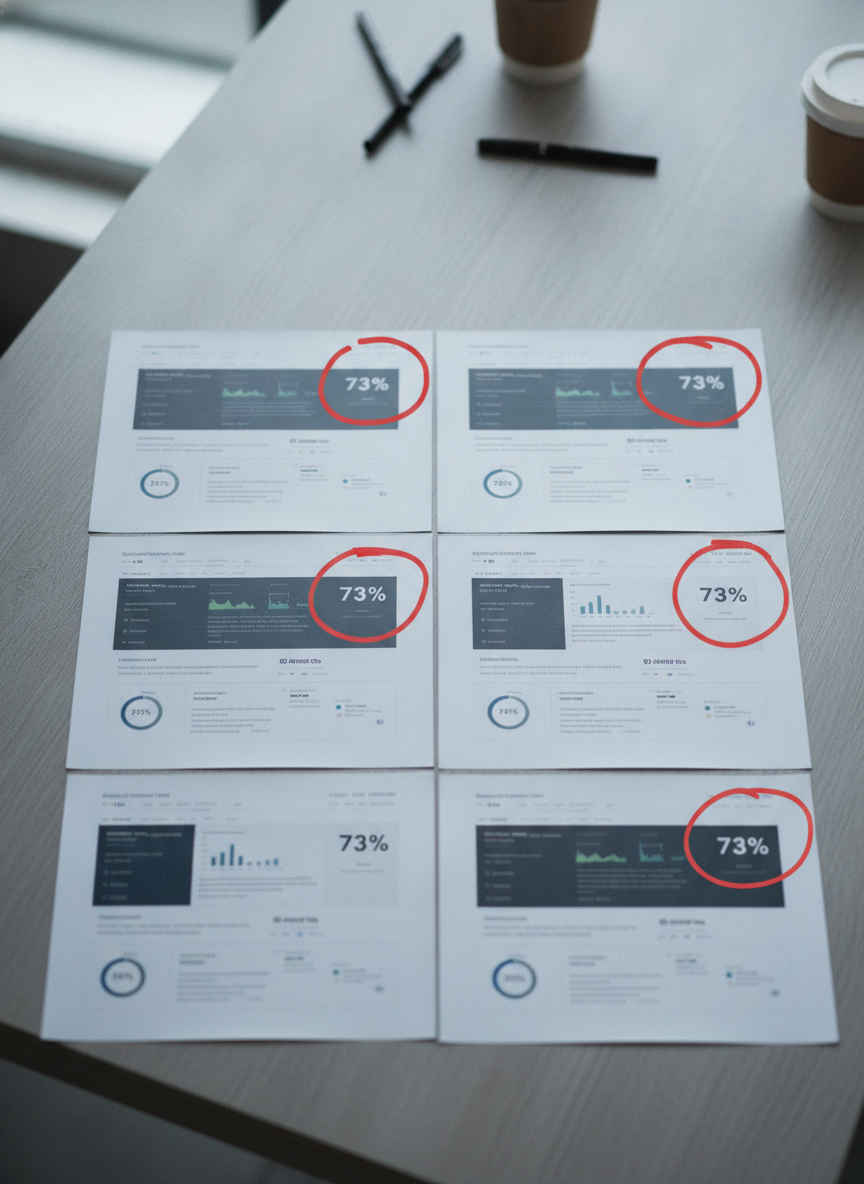 Printed website screenshots laid side by side showing an identical case study template pattern