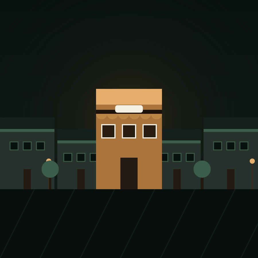 Illustration of a brightly lit modern storefront among dimly lit older storefronts, representing web design for Cypress small businesses