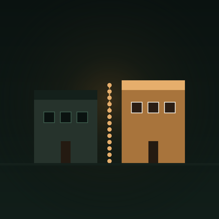 Illustration comparing an outdated dim building to a modern amber-lit building