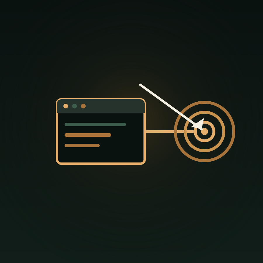 Illustration of a browser window connected to a target icon with an arrow, representing paid ads and PPC targeting