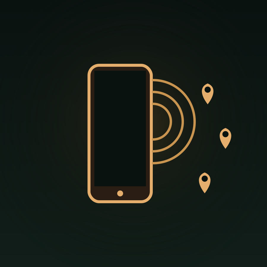 Illustration of a phone with signal arcs reaching local map pins