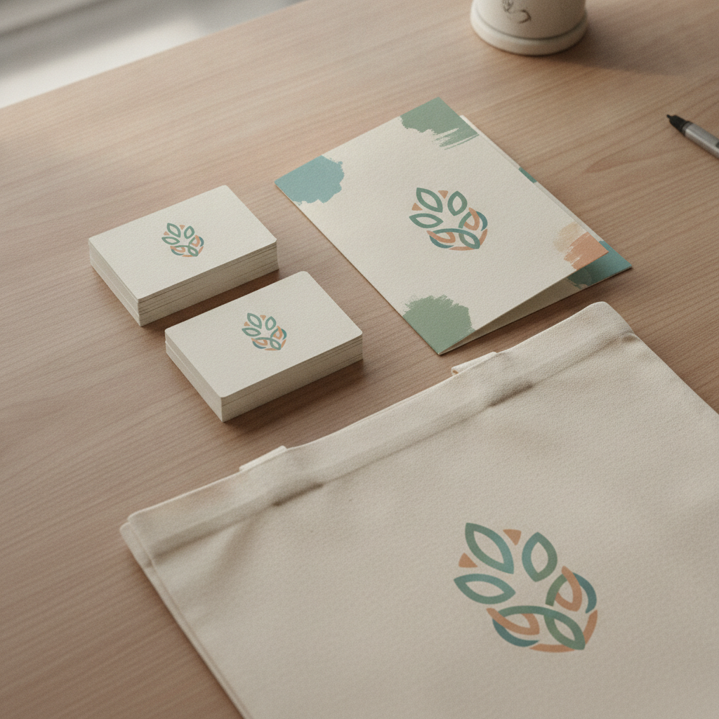 Flat lay of consistent branded marketing materials including business cards, a brochure, and a tote bag