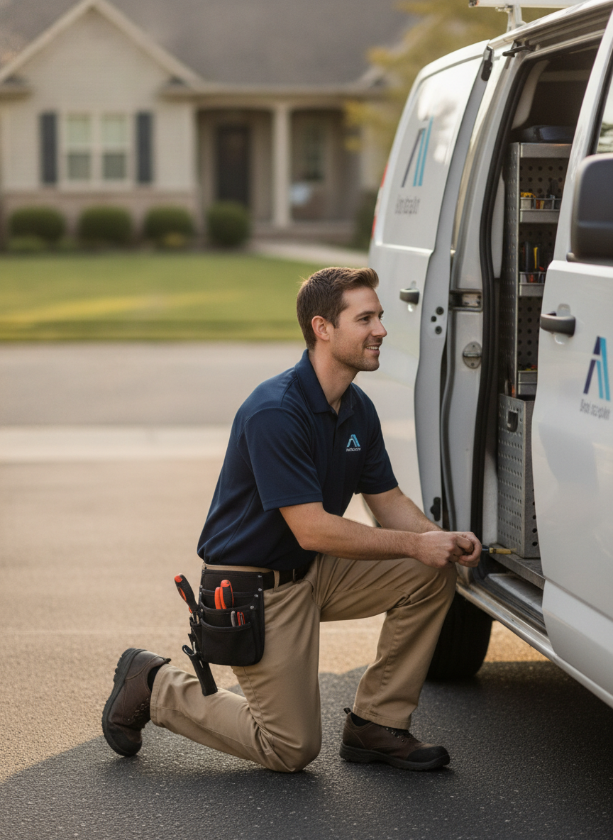Technician in branded work apparel next to a service vehicle in a driveway