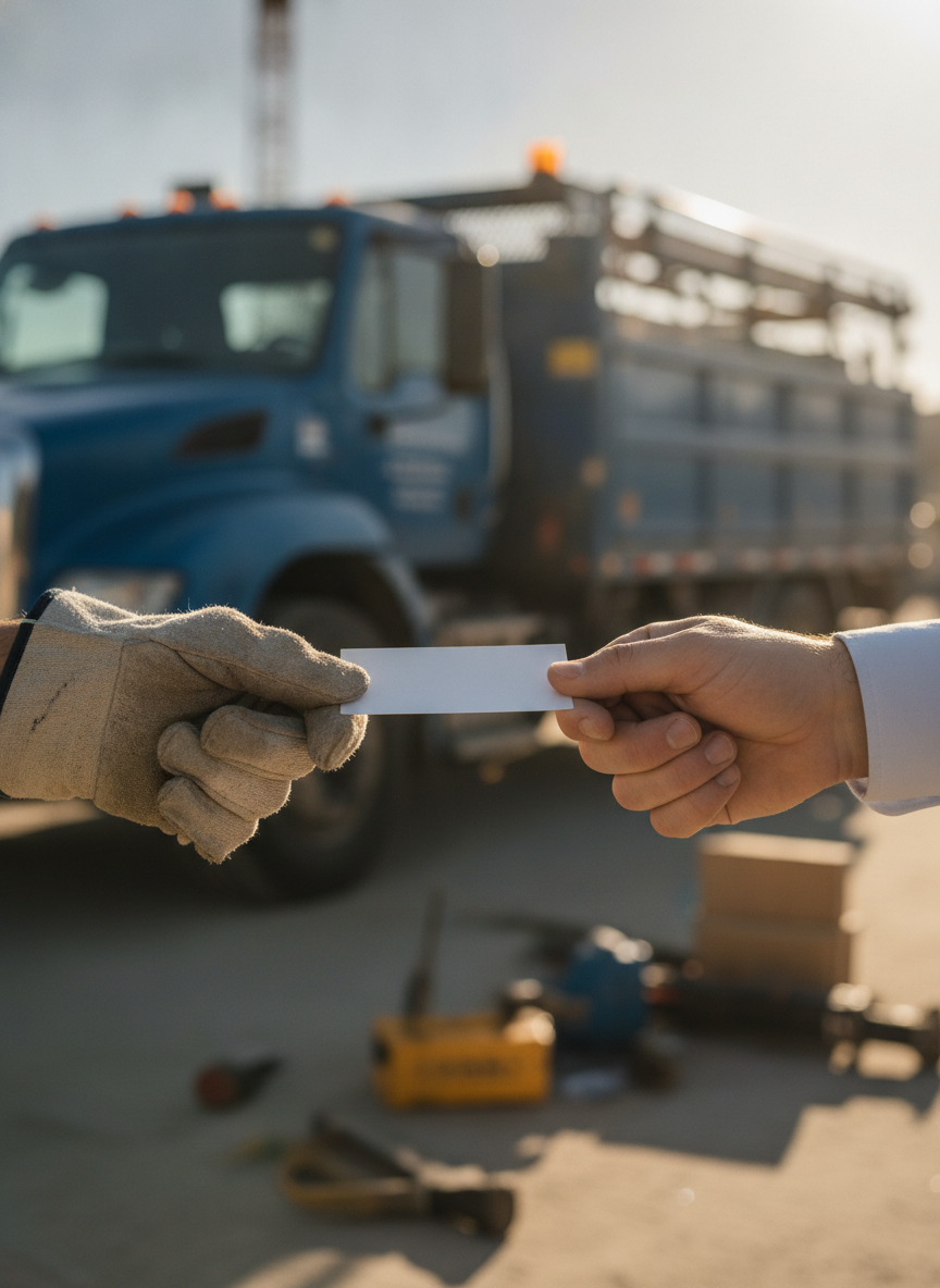 Two people exchanging a business card at a service business job site
