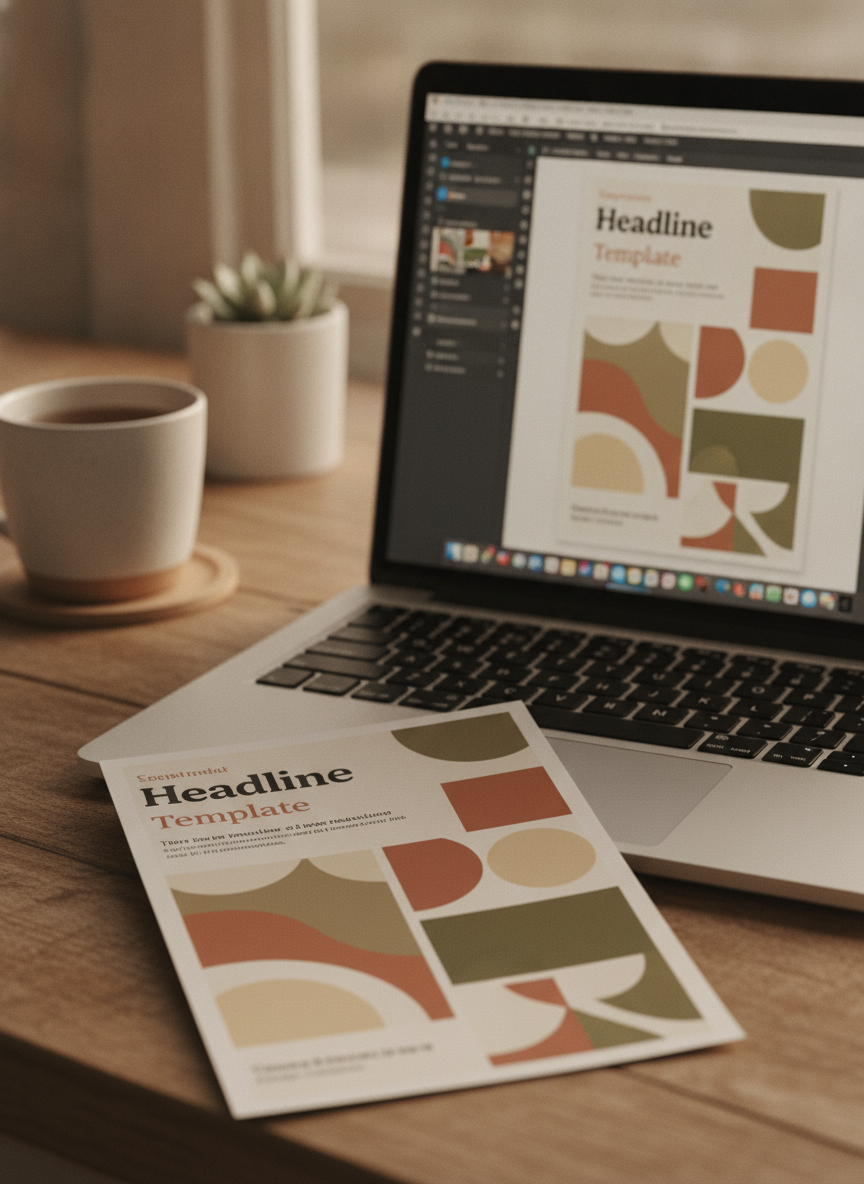Laptop showing a social graphic template beside a printed flyer with matching branding