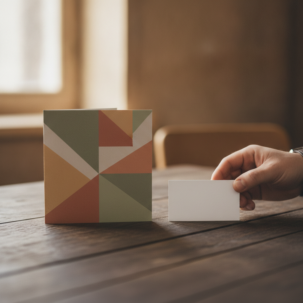 Close-up of a hand placing a business card beside a branded brochure