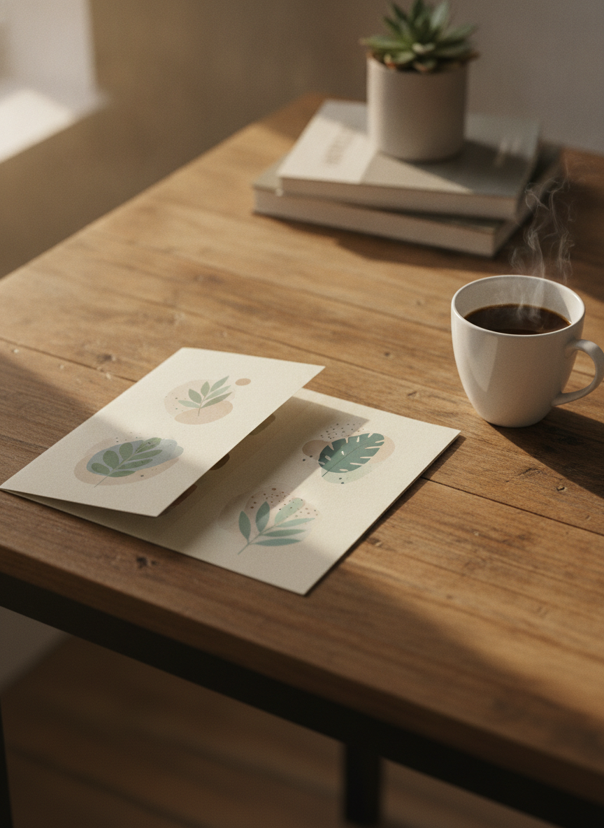 Trifold brochure open on a kitchen table during a home consultation